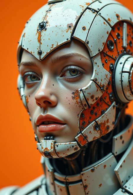 cpstyle01. The image is a high-resolution CGI rendering, focusing on the lower half of a woman's face and upper neck. She is an albino, with pale, almost translucent skin and lips painted in a muted, faded orange-red. She wears a futuristic, high-tech helmet or mask with intricate, angular designs. The helmet is predominantly white, with washed-out orange accents that give it a naturally aged, dystopian, and slightly vintage appearance. The metallic surface appears worn, as if exposed to time and harsh environments. The design blends biomechanical and organic elements, with faded orange lines tracing the contours of the armor like remnants of a lost era.
The helmet frames her delicate features, covering her upper jaw and extending down to the collar, creating a striking contrast between her ethereal, human skin and the advanced yet weathered armor. The background is a desaturated, sun-bleached orange, fading into soft shadows, reinforcing the sense of a dystopian, forgotten world. The material of the armor reflects only subtle, diffused light, enhancing the vintage and melancholic atmosphere.