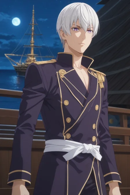 score_9, score_8_up, score_7_up, , rating_safe, , anime screencap, anime coloring, official style, , , 1boy, solo, male focus, <lora:eishi_tsukasa_pony:0.92>, eishi_tsukasa, white hair, purple eyes, short hair, hair between eyes, rule of thirds, pirate ship, night, full moon, standing on one leg, sparkling eyes, , <lora:sdxl_lightning_8step_lora:1>