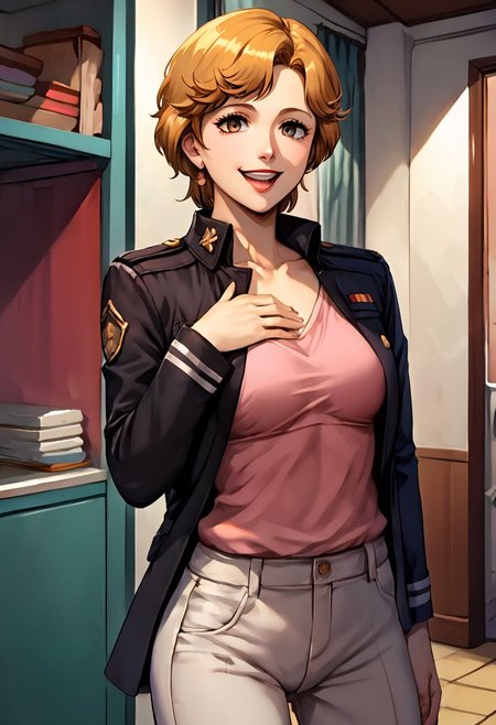 score_9, score_8_up, score_7_up, source_anime,
Frederica
hair ribbon, (best quality) , (highly detailed) ,masterpiece ,absurdres ,detailed face ,beautiful face ,(detailed eyes, deep eyes, anime eyes), 
1girl,solo,female,kawaii,cowboy_shot,pink shirt,shirt,short hat,black jacket,military uniform,white pants,cowboy_shot,hands_on_own_chest,smile,laughing,
