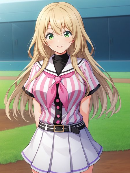 score_9, score_8_up, score_7_up, source_anime, masterpiece, intricate details, BREAK 1girl, solo, <lora:Nozaki_Yuki:1.0> N0Z4K1, long hair, blonde hair, green eyes, BREAK baseball uniform, shirt, striped shirt, vertical-striped shirt, short sleeves, layered sleeves, skirt, pleated skirt, white skirt, pink neckerchief, (belt:0.7), BREAK curvy, (breasts:1.0), (sagging breasts:0.5), (wide hips:1.0), BREAK standing, arms behind back, BREAK looking at viewer, shy, light smile, BREAK outdoors, baseball field, BREAK cowboy shot, BREAK zPDXL, zPDXLxxx,