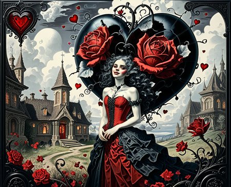 A symphony of the surreal, the demon, a grotesque masterpiece of bioengineering, pirouettes through a landscape of impossible geometries, scattering heart-shaped grenades that explode into clouds of black roses. Its crimson dress, a tapestry of writhing parasites and blooming fungi, billows in the nonexistent wind.  Logic crumbles, reason dissolves, as it embodies the very essence of the absurd, a being of pure, unadulterated chaos, its laughter echoing like the shattering of a thousand porcelain hearts â a truly demonic Valentine
<lora:corcoc1s:0.8> corcoc1s