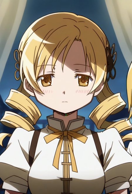 rating_safe, anime screencap, , tomoe mami, blonde_hair, drill_hair, twin_drills, twintails, hair_ornament, yellow_eyes,,,  <lora:Madoka-Mami_Tomoe-PDXL:0.8>