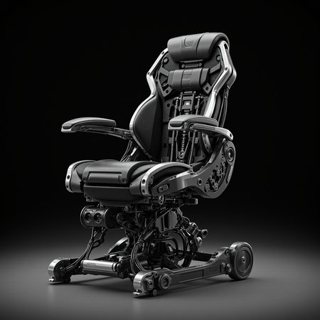 a biomechanical throne-like interface rig made of fused metal and carbon fiber struts, armatures extending from the base in smooth overlapping segments, control filaments trailing from the spine connection point, spotlit against a dark workshop interior

a photorealistic high-tech command chair structure with advanced carbon fiber construction and ergonomic machinery, shot from a low angle for dramatic industrial effect



carbonfibermk.1, MG-Mk.1

