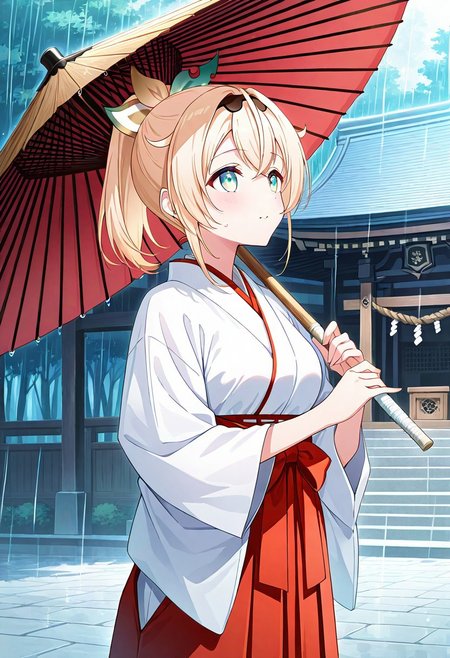 1girl, cowboy shot, 1girl, solo, kazama iroha, (Hololive), Vtuber, blonde hair, ponytail, hair ribbon, green eyes, medium breast, 
Shrine Maiden, Miko, white shirt, red hakama,
easynegative, negative_hand, side view, holding umbrella, wood umbrella, looking up, raining.
official art, easynegative, dynamic image, masterpiece, amazing quality, HD32K, vibrant colours, HD32K, highly detailed, detailed background,