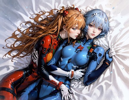 score_9, score_8_up, score_7_up, score_6_up, score_5_up, score_4_up,  2girls, (Rei Ayanami, Asuka Souryuu Langley:1.2), from above, lying down, (plugsuit), light blue hair, short hair, blue cushions, velvet sheets, satin, expressiveh, castlevania, kojima ayami
