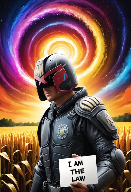 a colorful spiral vortex in the sky over a corn field at night, black and white, painterly painting, ((vibrant color splash:1.3)) <lora:Char_maj-JudgeDredd2012v2-SDXL:0.8> jdgdrdd, armor, helmet holding sign, text: I AM THE LAW