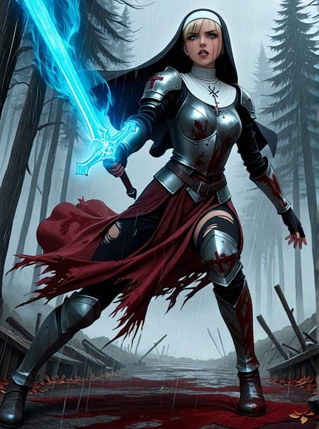 absurdres, high detail, cinematic lighting, dynamic pose, dramatic pose, ethereal glow, dark fantasy, masterpiece, dynamic perspective, medieval fantasy, intricate armor, heavy rain, heavy wind,
BREAK
1girl, solo, warrior nun, bloodied, battle scars, eye trails, intense gaze, solemn expression, medium rosewood hair color hair, asymmetrical fringe, long flowing hair, tattered habit, torn clothes, ripped clothes, crimson-stained robes
BREAK
glowing warhammer, sacred warrior, blood splatter, blood on face, blood on clothes, 
BREAK
outdoors, ruins, war-torn, a serene forest, with towering pine trees, a carpet of fallen leaves, and rustic wooden benches scattered among the trees, ominous atmosphere, divine aura, fog, foggy battlefield
BREAK
IllusP0s
<lora:slau_n11:1>
<lora:FantasyKnightsIL:0.35>
<lora:SDXL - Dark Slider:0.35>
<lora:SDXL - Detailed Eyes v3.0:0.8>   
<lora:SDXL - Dynamic Poses  v1.0:2.0>