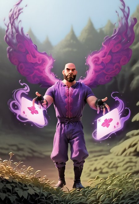 DisneyStyleXLP, cartoon, score_9, score_8_up, score_7_up, score_6_up, 1boy, full body shot, MrMustache, middle age male, outdoors, Pale skin, bald head, curly mustache, full beard, round face, black boots, (flying pose:1.5), fingerless gloves, holding, holding card, dark aura, twilight, dappled lighting, arkane_dark, magic, dark fantasy forest, cinematic, masterpiece, depth of field, best quality,