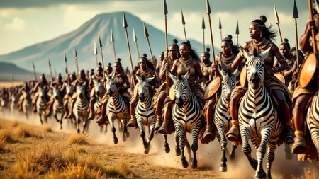 Real photograph of an army of African warrior women, black skin, Nubian, beautiful, breathtaking, athletic, (small breasts:1.4), earrings, necklace, wrist bands, human feet wearing sandals, dangerous, fierce, determined, battle hardened, mounted atop angry and ferocious zebras, cavalry charging into battle with lowered spears, shields and spears bearing war decorations, fierce angry painted faces full of rage, yelling fierce war cries, African Savannah with mount Kilimanjaro in the background, intricate details, masterpiece, elegant, complex patterns, (full body shot from head to toe:1.6), environmental wide angle, dramatic and dynamic morning lighting, intense atmosphere <BaroqueColorful:0.72>