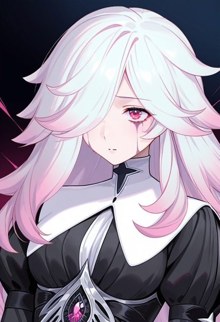 AMAZING QUALITY, MASTERPIECE, 1GIRL, CHIARA, WHITE HAIR, HAIR OVER EYE, PINK HIGHLIGHTS, RED EYES, DRESS, EYE STAINS, PORTRAIT