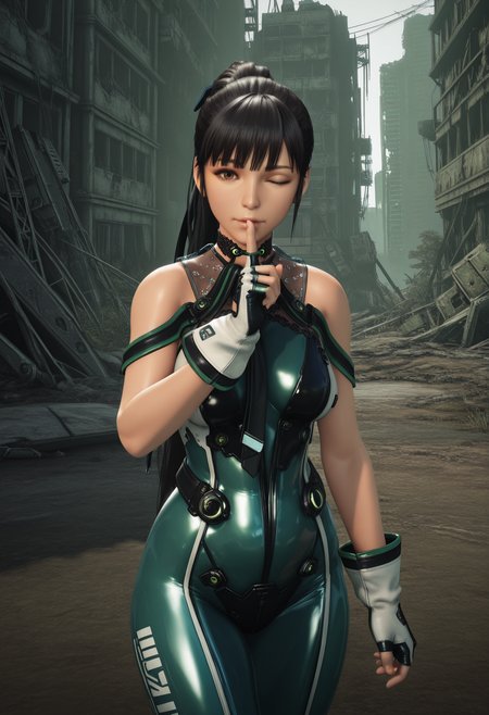 1girl,solo,mm,mature female,long hair,black hair,brown eyes,bangs,ponytail,realistic,3d,
bodysuit,science fiction,bare shoulders,gloves,fingerless gloves, index finger raised, shushing, looking at viewer, cowboy shot, post-apocalypse, one eye closed, 
,masterpiece,best quality,amazing quality,<lora:Eve-Stellar_Blade:0.8>