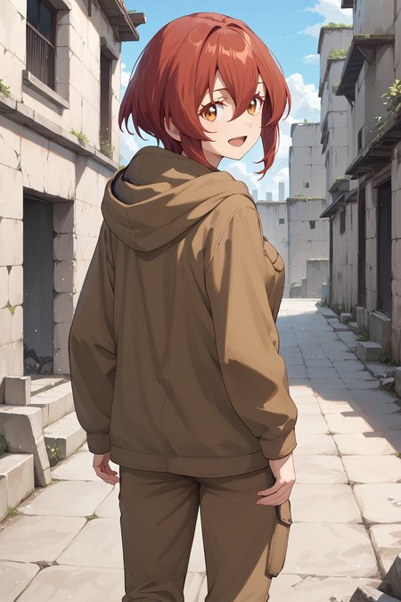 score_9, score_8_up, score_7_up, score_6_up, score_ANIME,  1girl,  ,  kurenakukumila, 1girl, solo, red hair, short hair, looking at viewer,, brown hooded jacket,, brown eyelashes, orange eyes, sidelocks, standing, brown pants,  hair between eyes,  <lora:kurenakukumila_pony3:1>, cowboy shot, medium breasts,  smile,  open mouth,  from behind,  running,  looking back,  ruins,  city,
