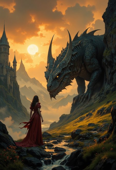 8k high quality digital painting , masterpiece, very detailed, ultra realistic, (best quality) very detailed epic masterpiece, 
unearthly beautiful, a breathtakingly beautiful landscape in the French Alps, in the foreground a beautiful princess stands aside a black dinosaur-like dragon watches a beautiful castle in the distance, the low  yellow sun casts long shadows, breathtaking red-yellow light effects by the sun, enchanting landscape, fairytale-like, calm mood, flowers in the foreground, realistic