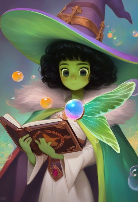 score_9, score_8_up, score_7_up, AxolotlWorldXLP, Expressiveh, extreme detail, source_anime, high quality, solo, 1 cute frog girl, feral, bright green skin, detailed scales, wizard hat, magical book, holding book close, cute, colorful bubbles, abstract colors in background, short black hair, swimming, glowing staff, flowing cape, realistic, magical energies,