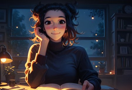 score_9, score_8_up, score_8, 
1girl, solo, female, woman, 
black hair, messy hair bun, 
turtleneck sweater, cozy, 
cottagecore, 
potted plants,
blushing, happy, joy, smile, closed mouth,
bedroom, desk, lamp, 
reading, hand
loveletters,
night, window, detailed background, bookshelf, 
lit foreground, unlit background, 
edgelit, dynamic lights, warm lights, dimly lit,