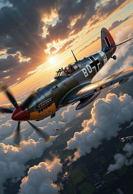 A hyper-detailed 2D illustrator art wallpaper captures the epic, heroic moment of a WWII-era Messerschmitt Bf-109 in action. The iconic fighter plane dominates the scene, its sleek, angular fuselage forged from polished steel and aluminum alloy, reflecting the muted glints of light from a dramatic, storm-laden sky. Intricate panel lines and rivets emphasize the craftsmanship of this legendary aircraft, while subtle weathering and battle-worn details narrate its storied history in the skies.
The Bf-109's powerful wings extend outward, their undersides painted with sharp, bold insignias and accented by faint scarring from combat. Its propeller spins in a blur of motion, cutting through the air with precision and evoking a sense of raw power. The cockpit canopy glints faintly, revealing hints of intricate controls and the silhouette of a determined pilot within. The Iron Cross Emblem on the body.
The dramatic cloudy sky provides a breathtaking backdrop, swirling with deep grays, ominous blacks, and streaks of fiery orange and gold as the sun pierces through the chaos. Layers of mist and dynamic lighting add depth and movement, amplifying the intensity of the scene. This masterpiece blends ultra-realistic details with rich textures and atmospheric realism, rendered in stunning 32k resolution, ensuring a cinematic and immersive viewing experience. A truly high-quality, official-art-style composition that embodies power, artistry, and timeless heroism.