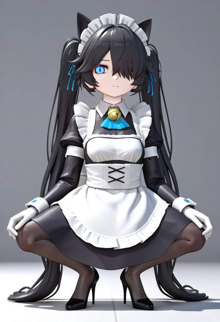 (3D),(((((MMD))))),(Maid-kasli), solo, white gloves, dress, hair over one eye, maid apron, blue eyes, twintails, cat ears, maid headdress, maid, gloves, 1girl, apron, juliet sleeves, long sleeves, long hair, black hair, animal ears, bell,(Fall down),(squatting down, heels touching each other, legs fully extended outward)