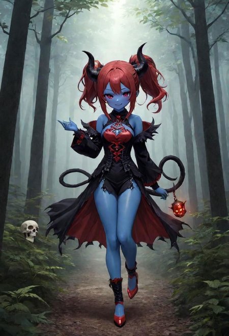 highres,best quality,ponytail, full body,short height,happy,(purple eyes),photograph,realistic lighting,cute face,1girl,red tips on hair,red skin, fantasy world,in the forest, warlock,demon horns,skull logo, DonMD3m0nXL,blue skin:1.4, yellow eyes, anime style,blue flame,flames around hands,fantasy adventure outfit,fighting stance,dragon tail:1.5,brown shorts
