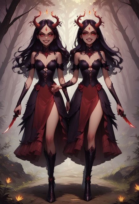 score_9, score_8_up, score_7_up,
Beautiful Ukrainian woman, twins, slit pupils, evil expression, maniacal expression, evil grin, wearing detailed and intricate goth outfit, walking in an evil forest, moonlight and fire lighting, holding butcher knife