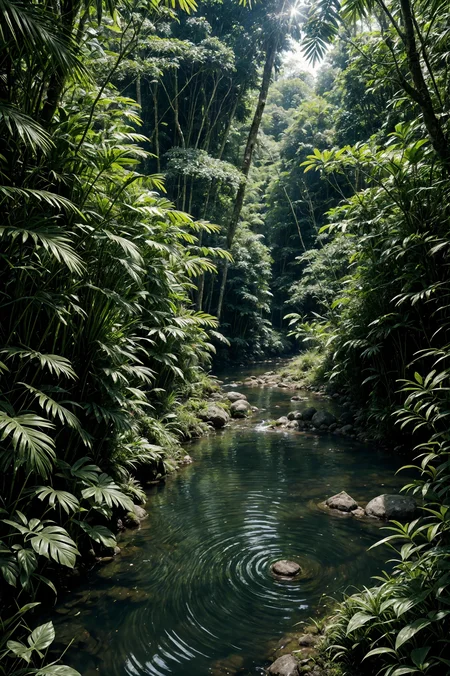 photo , photography, Fujifilm XT3 Viltrox, ((very detailed)), sharp focus,  best quality, (bright sunny sky), beautiful landscape, rainforest, jungle, stream, water ripples reflections, (small river pond), hut, stunning nature environment, high contrast, cinematic (lights), backlight, shadows, (lens flare:0.8), vibrant colors, colorful, Lime Green flowers and leaves, <lora:Detail Tweaker LoRA add_detail:1><lora:depth_of_field_slider_v1:5>  <lora:SDXLrender_v2.0:0.9>