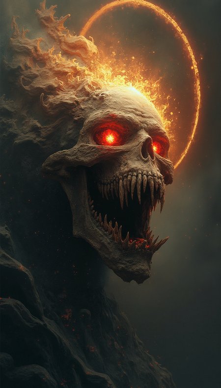 Hyper-realistic digital illustration with the luminous, intricate detailing of the skeletal, demonic nun with an ethereal glow emanating from fiery eyes, sharp, blood-streaked teeth and fangs, surrounded by spiked, metallic halo and embellished headpiece, contrasting dark shadows and harsh highlights emphasizing the surreal and eerie textures, the background blurred with floating embers and a golden, ominous ambiance, with intricate bone structures and subtle cracks interwoven into surreal, haunting and intimidatingly fine details permeating through the image.