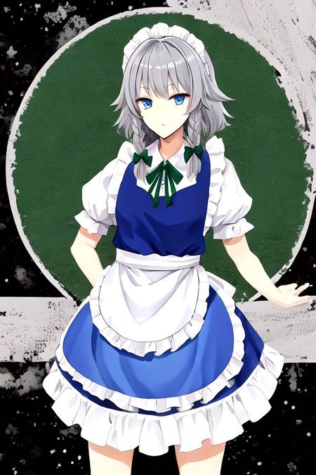 Sakuya, maid headdress, izayoi sakuya, braid, twin braids, grey hair, short hair, sakuya, solo, looking at viewer, bow, blue eyes, hair bow, green bow, bangs, maid, puffy sleeves, short sleeves, apron, dress, blue dress