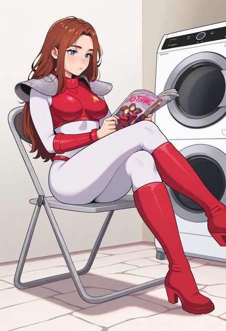 1girl, sitting, crossed legs, reading, bored, magazine \(object\), <lora:JodySummerFZ-illu:1> j0dy, brown hair, long hair, blue eyes, white bodysuit, red armor, boobplate, medium breasts, knee boots, high heel boots, red footwear, folding chair, washing machine, indoors, stone floor, masterpiece, best quality, good quality, newest