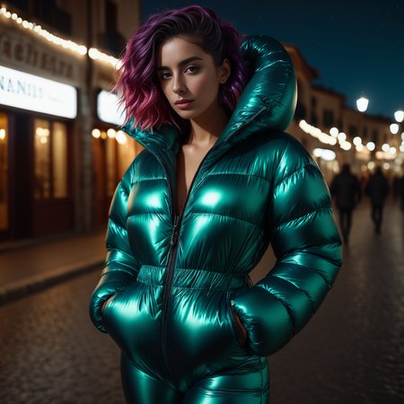 dark cinematic still with dark vibes, full body shot of downsuit  spanish short women  wearing an Polychromatic  extra_puffy_jacket,  unique hair styles,   looking at the camera, shallow depth of field, 8k uhd, dslr, soft lighting, high quality, photorealistic, realism, hyperrealism,
, romantic scene 
 <lora:Puffer_Jacket_and_Down_Jacket_-_Extra_Puffy_Jackets:0.5>