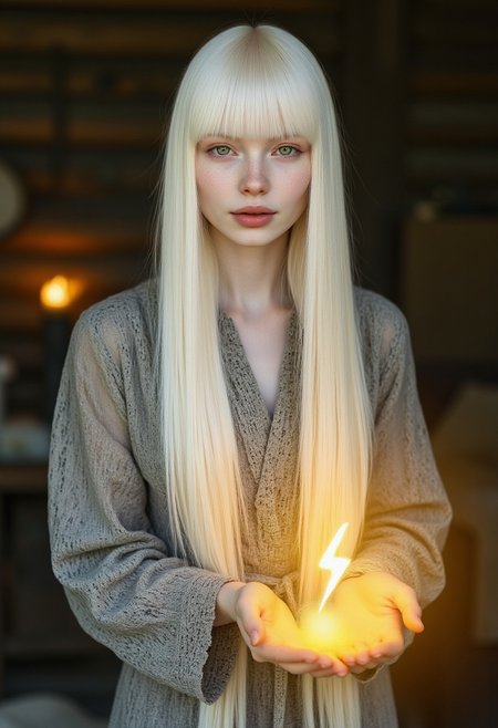 FictionalFiona, long white hair, green eyes, blunt bangs. Wearing silver elven robes. Casting a yellow spell. A floating yellow lightningbolt symbol