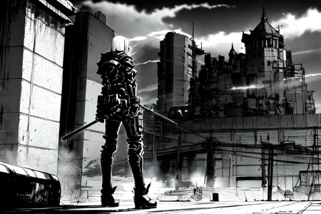 highly insanely detailed, masterpiece, top quality, best quality, highres, 4k, 8k, RAW photo, (very aesthetic, beautiful and aesthetic),  
tsutomu nihei,nihei_tsutomu,blame!,blame gakuen!,abara,TNstyle,sidonia_no_kishi,wire,drainpipe,ventilation fan,ventilation shaft,toha heavy industries,foggy,smoke,mist,fence,concrete walls,metal walls,lantern,machinery,dark sky,black sky,dome,air conditioner,walkway,buildings,bridge, 
<lora:ABARA:0.7>, 
(1girl:1.3), 
solo focus, 
motorbike with a red frame, sport type, alloy wheels, gel seat, with saddlebags,âââ