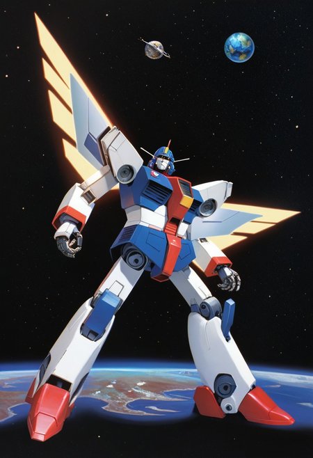 score_9, score_8_up, scoe_7_up, R3TR0SC1F1, retro artstyle, science fiction, mecha, robot, mechanical, glowing, space, planet, gundam, enery weapon, energy wings,