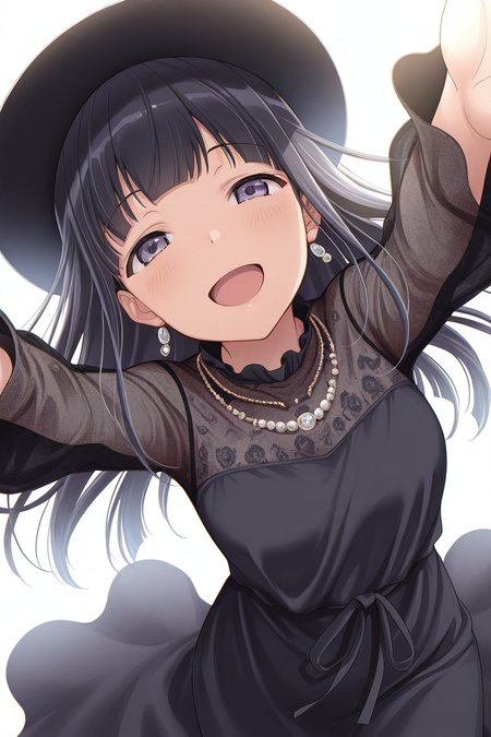 masterpiece, best quality, amazing quality,
 <lora:Mahiru_IL:1> mahiru, 1girl, solo, long hair, dress, hat, smile, open mouth, black hair, jewelry, looking at viewer, necklace, bangs, white background, outstretched arms, black dress
