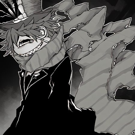 <lora:Happy_Heroine_Sniper:1> teeth, hat, sharp teeth, grin, scarf, top hat, monochrome, striped scarf, black suit
 <lora:Senmu0107Modern:1.5>