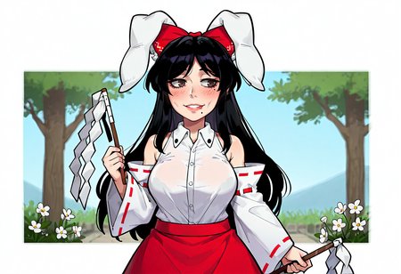 IllustriousQual, <lora:StS-Illustrious-Detail-Slider-v1.0:2> <lora:cfg_scale_boost:0.3> <lora:StS_Age_Slider_Illustrious_v1:3>,detailed_background,outdoors,pantyhose,upper body,solo,open mouth,skirt,rabbit ears,bow,long sleeves,black eyes,y75zei,textless version,holding gohei,white flower,animal ears,mole,rabbit girl,black hair,holding flower,:3,touhou,flower,sleeveless,reisen udongein inaba,harano kaguyama,red skirt,floppy ears,white shirt,holding,hakurei reimu