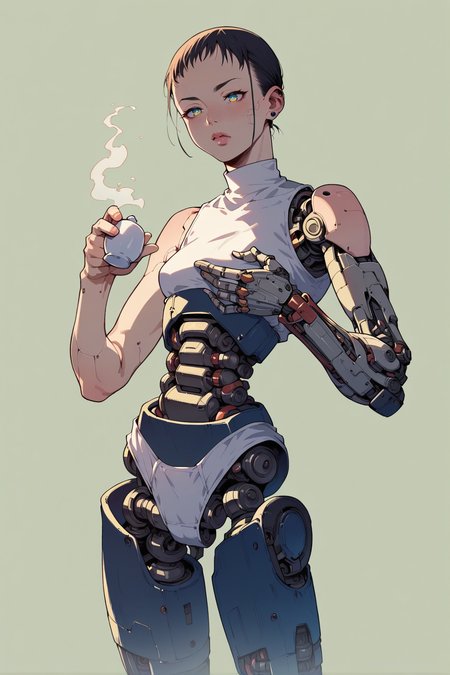 1girl, holding teapot,  <lora:Sukabu-PonyXL-1024px-v2:0.35> android, mechanical arms, mechanical legs, robot joints, <lora:Sinozick_Style_XL_Pony:0.85> sinozick style, flat color, dark theme, score_9, score_8_up, score_7_up,