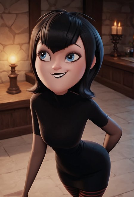 score_9, score_8_up, score_7_up, ultra quality, solo, 1girl, black hair, short hair, blue eyes, fangs, black lips, black nails, , black dress, grey elbow gloves, striped pantyhose, red sneakers, , smug smile, hips focus, big hips, big butt, bubble butt, curvy, narrow waist, standing, front view, looking to the viewer, upper body, view from above, close up, screencap