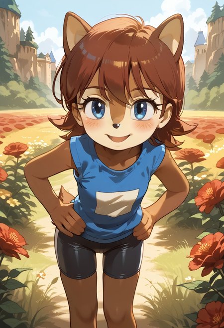 science fiction, sonic channel (style),
score_9, score_8_up, score_7_up, score_6_up,  (Source furry), (rating safe), duo, <lora:SallyAcornpny:1>,1girl, sally acorn, tomboy, ((female)), animal ears, brown fur, two-toned fur, short hair, bangs, blue eyes, short tail, small breasts, wearing blue vest, tight black bike shorts, standing, slight smile, hands on hips, leaning forward, looking at other
BREAK
,1boy ((furry, sally acorn as a male, brown fur, two-toned fur, short hair, bangs, blue eyes, short tail)), animal ears, anthro, coy, laughing, feminine, femboy, arched back, one hand raised to mouth, slight laugh, cute, oversized sweater, maroon sweater, sweater hanging off shoulder, grey pants, hipsway, 
BREAK
standing in a field, castle in background, red flowers, smiling, slight smile, eyes closed, blushing, summer day, sunlight, coy cute,
(highly detailed:1.2), (intricate:1.2), (best quality:1.2),(8k:1.2), (sharp:1.2), (majestic:1.2), natural lighting, detail++