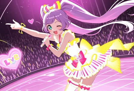 best quality, masterpiece, absurdres, manaka laala, holding microphone,  one eye closed, idol dress,   glowing dress,  thighhighs, from side,   heart, bazillium live, solo <lora:manaka_laala:1> <lora:bazilliumlive_Illust_v1:0.8>