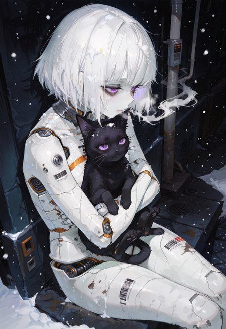 safe_pos, masterpiece, best quality, good quality, newest, highres, absurdres, volumetric lighting,gradient color,
BREAK 
raytracing, volumetric lighting, ambient occlusion, Background, girl, 
BREAK
Automaton, colored skin, robot girl, (white_skin:2.0), joints, white hair, purple eyes, short hair, bangs,
metal_skin, no nipples, metal_skin, barcode,
illustration, dutch angle, motion blur,
 (horror \(theme\):1.1), winter, snowing, night, street, dark Alley, breath smoke, side view perspective, leaning against the wall, dirty skin, hugging own body, sitting, from above, snow on hair, lonely, sad, black cat