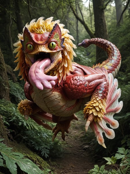 <lora:MH_PukeiPukei_a1_10_PonyXL:.9>, score_9,score_8_up,score_7_up, nature photography,  (close_up shot, portrait), low angle shot, cropped photo, 
pukeipukei,feral,solo,hi res,detailed background,forest, green eyes,(slit pupils:0.7),tongue out,long tongue,forked tongue,winged arms,(raised tail),detailed eyes,red body,blonde hair,flying,blue
hardlight , bloom, subsurface scattering, sharp hyper detailed, (shiny metallic skin:1.2), (ultra-detailed feathers small_scales:1.1), bright highlights, <lora:RM_Enhancer_v1.0_bf16:.1>  <lora:p:.2> <lora:Add_More_details_SD3:.5>
