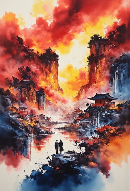 Three lifetimes and seven lives,
Forever exiled to hell,
Just for love,
Die with no regrets!
ink painting, ink art, splash, traditional media,  colorful, scenery, very aesthetic, 
epic, majestic, fantasy art, dreamy, perspective, moody, magical,
intricate details, highly detailed, ultra-detailed, absurdres, beautiful, painterly, detailed, textural, artistic, vivid, vibrant,
aidmamj6.1, zydInk
