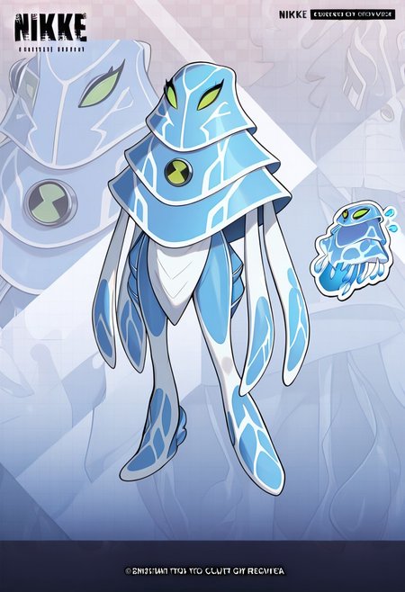 masterpiece, best quality, amazing quality, very aesthetic, absurdres, newest,, detailed background, 
 ampfibian, full body, pokemon (creature), no humans, colored sclera, green eyes, blue skin, tentacles, extra eyes, colored skin, squid, jellyfish,   no mouth, 
NikkeProfile, full body, checkered background, zoom layer, copyright name, character name, english text, logo