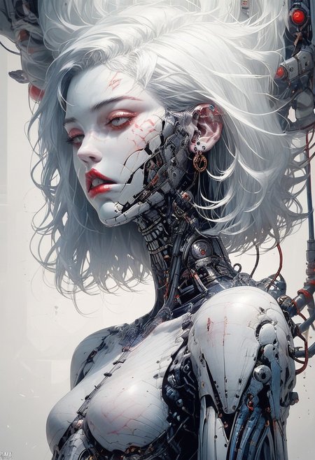 score_9, score_8_up, score_7_up, score_6_up,there is a woman with white hair , porcelain cyborg, porcelain white skin, art doll, porcelain looking skin and blue and white body paint,, white porcelain skin, porcelain skin. studio ghibli, ball jointed doll, ceramic cyborg, pale porcelain white skin, elegant lady with alabaster skin, with blue skin, pale milky white porcelain skin, porcelain pale skin, pale blue skin,  cyb0rg, science fiction, cable, mechanical parts,