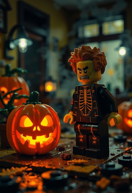 Ghostlystyle, a spooky lego skeleton looking at a carved halloween pumpkin,ominous dark lighting, dimly lit, professional, high quality, 8k