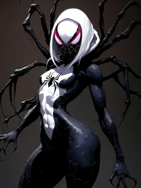by Tsutomu Nihei,(strange but extremely beautiful:1.4),(masterpiece, best quality:1.4),in the style of nicola samori, Spider-Gwen Venom