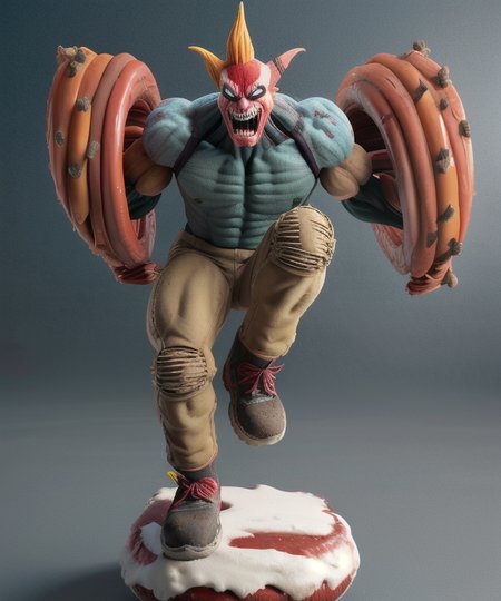 figrne, Sweet Tooth from twisted metal, on a base, dynamic pose, solo, depth of field, flawless, RAW,(((plain background))), high detail, insane detail <lora:figrne_v2std:1>