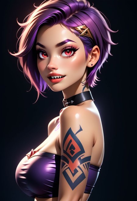 score_9, score_8_up, score_7_up, score_6_up, score_5_up, score_4_up score_9,score_8_up, digital art, upper body shot, realistic 3D illustration, 
BREAK,
CultistChan, purple hair, red eyes, short hair, sharp teeth, tattoo, choker, bandeau, 
BREAK, 
subsurface scattering, soft lighting, contemplative expression, dark background, subtle makeup, high-resolution, detailed texture, emotional depth, dramatic mood, side profile, serene atmosphere, cinematic lighting. perfectly round breasts, big breasts, firm breasts, SkinHairDetail, eye contact