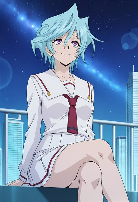 masterpiece,best quality,amazing quality,

1girl, solo, 

Suiko Tatsunagi (Cardfight Vanguard), short hair, blue hair, purple eyes, collarbone, earrings, jewelry, school uniform, serafuku, white sailor collar, necktie, long sleeves, pleated skirt,

looking up, smile,

cinematic, cross legs, crossing legs, 

Outdoors, night, On top skyscraper, galaxy sky,

Lens flare, bloom,

Official style, anime screencap, anime coloring,












