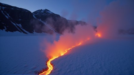 a river of lava pouring down a large volcano
the lave pours into an ice field raising (a huge cloud of steam from the ice's surface:1.5), the ice explodes into the air on contact with the lava
the light from the lava on the volcano can be seen as a glow through the steam