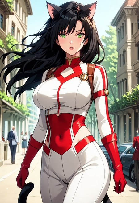 score_9, score_8_up, score_7_up, woman catgirl, cat ears, black cat ears, fuzzy cat tail, black tail, black long tail, 8k, masterpiece, high quality, highly detailed, professional, shallow depth of field, long hair, green and brown eyes (perfect eyes), perfect face, black hair, wide midriff, wearing red pilot bodysuit with black stripes, pilot suit, red pilot suit (black stripes), cowboy shot, dutch angle, best quality, best illumination, best shadow, an extremely delicate and beautiful, finely detail, depth of field, classic, highres, perfect lighting, colorful, large breasts, natural breasts (large), big ass, 23 years old woman, big booty, big ass, german, natural beauty, alluring, clean skin, white skin PG, outdoors, nature park, ninas twin sister, sharp, standing, dynamic front poses, in loving, loving, romantic, cheery, cheerful, modest, tail on but